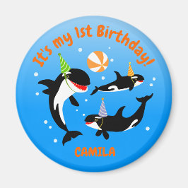 海の下の最初の誕生日orca whale baby girl マグネット