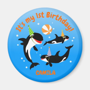 海の下の最初の誕生日orca whale baby girl マグネット