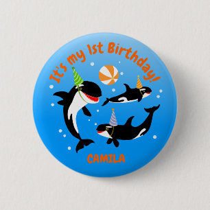 海の下の最初の誕生日orca whale baby girl 缶バッジ
