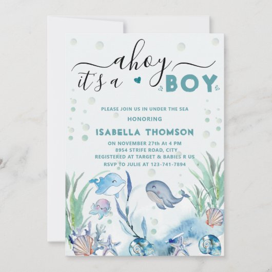 海の下の水の色の男の赤ちゃんシャワー 招待状 (正面)