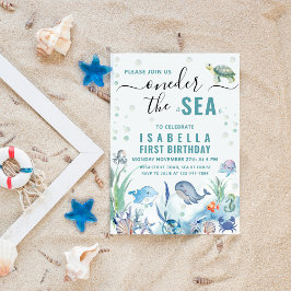 海の下の水の色1番目の誕生日 招待状