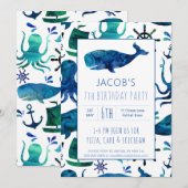 海の下の水彩子供クジラ誕生日 招待状 (正面/裏面)