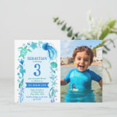 海の下の水彩海洋生物誕生日写真 招待状 (スタンド正面)