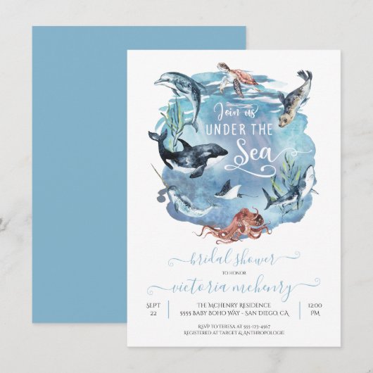 海の下の水彩画 ブライダル ベイビー シャワー 招待状 (正面/裏面)