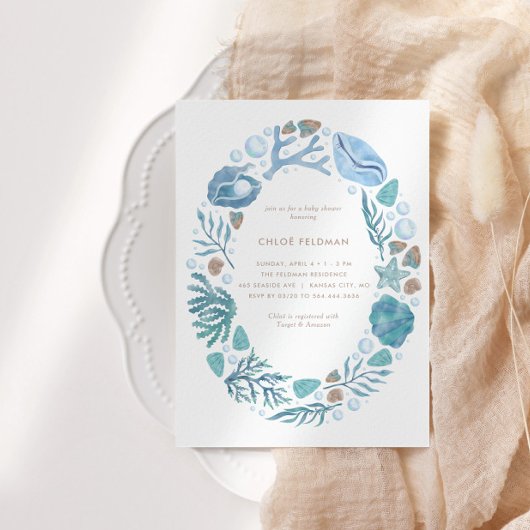 海の下の水彩画 航海ベイビーシャワー 招待状