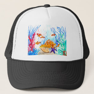 海の下の水彩魚オーシャン・コースト・シー キャップ