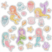 海の下の水色の人魚 シール (正面)