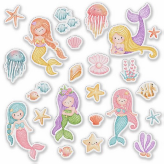 海の下の水色の人魚 シール (正面)