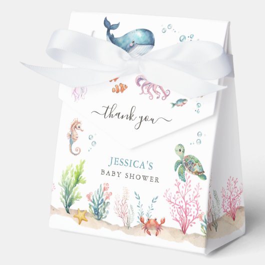 海の下の水色の動物の海ベビーシャワー フェイバーボックス (正面)
