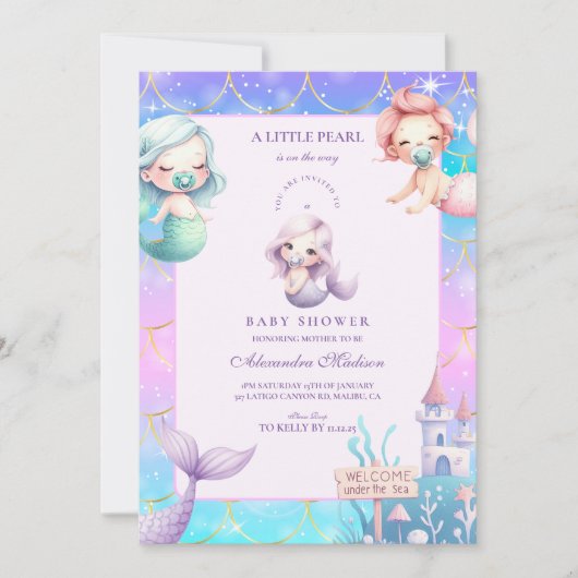 海の下の水色の小さな真珠の赤ちゃんシャワー 招待状 (正面)