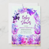 海の下の水色の紫色の女の子ベビーシャワー 招待状 (正面)