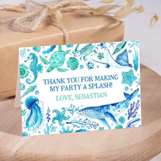 海の下の水色ホエールブルーパーティー サンキューカード