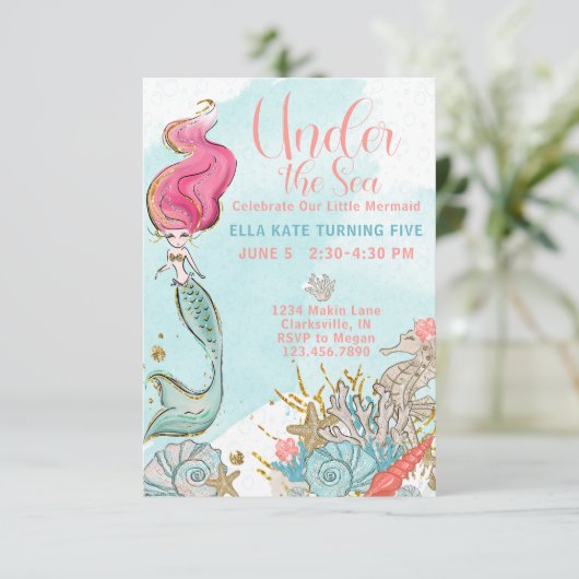 海の下の水色マーメイド誕生日パーティー 招待状 (スタンド正面)