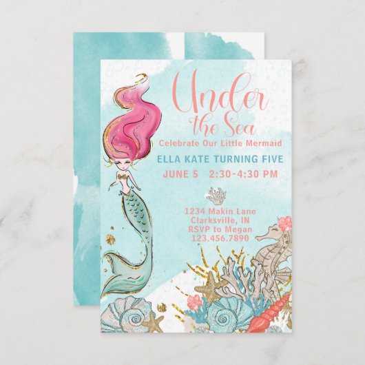 海の下の水色マーメイド誕生日パーティー 招待状 (正面/裏面)