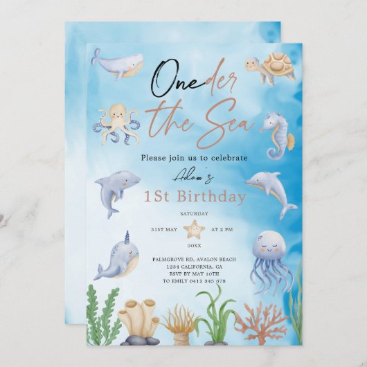 海の下の海の一歳の誕生日 招待状 (正面/裏面)