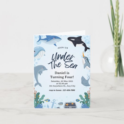 海の下の海洋サメ誕生日折りたたみカード 案内状 (正面)