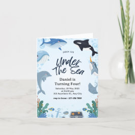 海の下の海洋サメ誕生日折りたたみカード 案内状