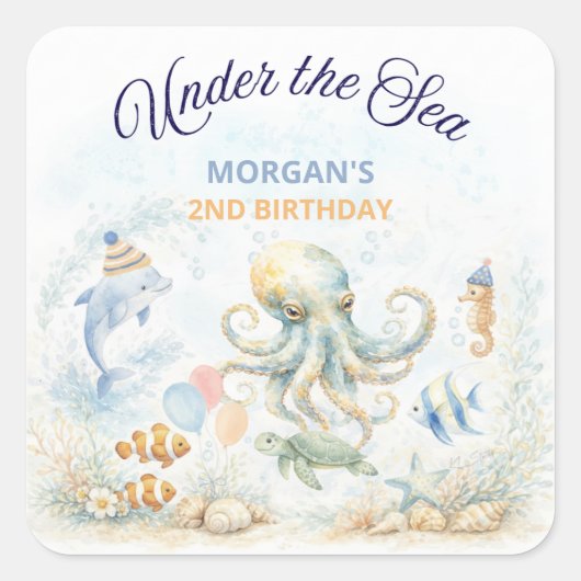 海の下の海洋動物タコの誕生日 スクエアシール (正面)