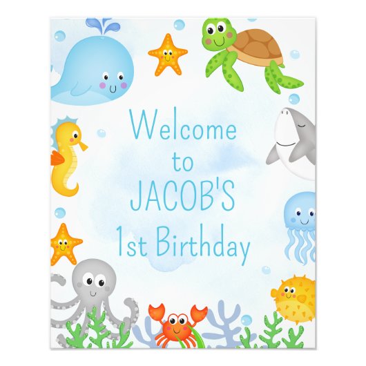 海の下の男の子の最初の誕生日ウェルカムサイン フォトプリント (正面)