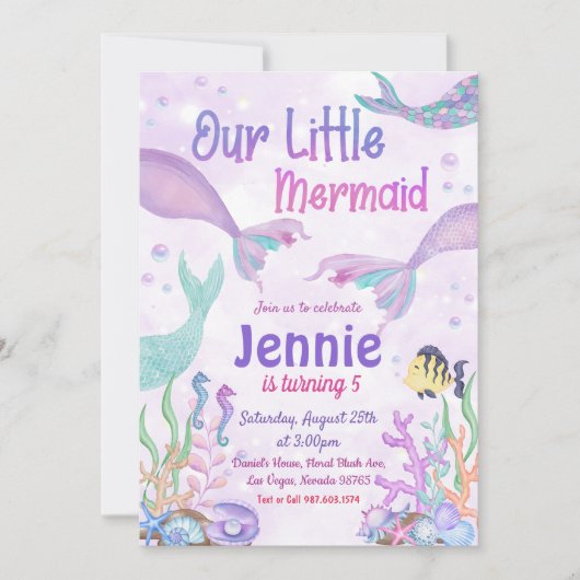 海の下の私たちの人魚の誕生日パーティー 招待状 (正面)