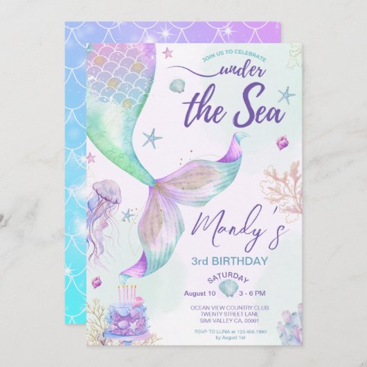 海の下の紫の青と金ゴールドの人魚 招待状 (正面/裏面)
