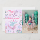 海の下の紫色の人魚の誕生日写真 招待状 (正面)