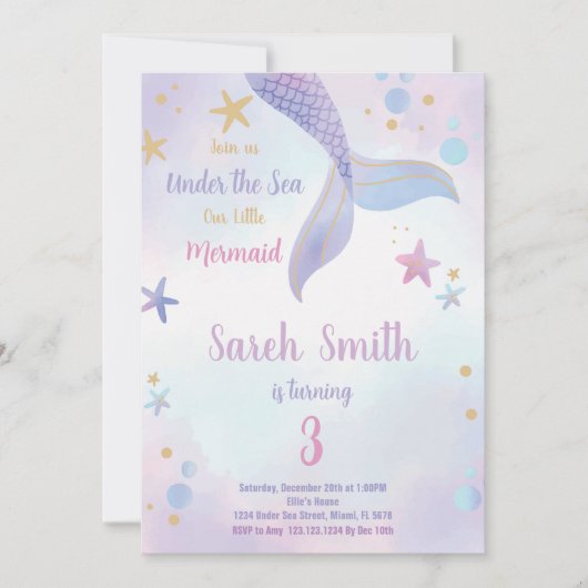 海の下の編集可能な女の子パーティーカード 招待状 (正面)