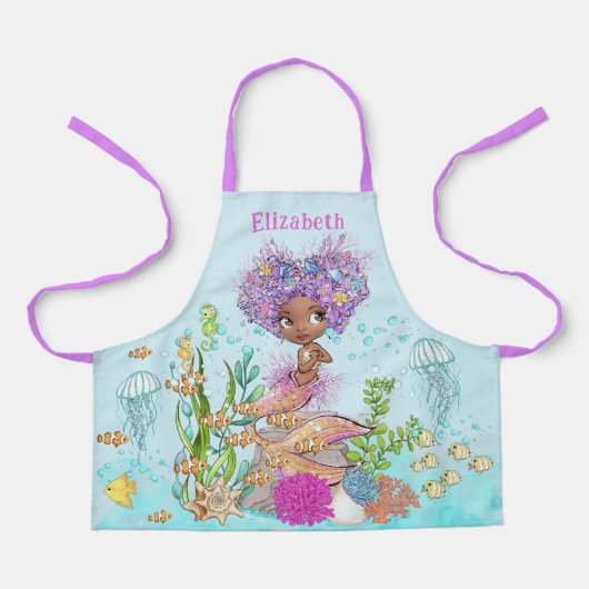 海の下の茶色の小さな人魚のプリント エプロン (正面)