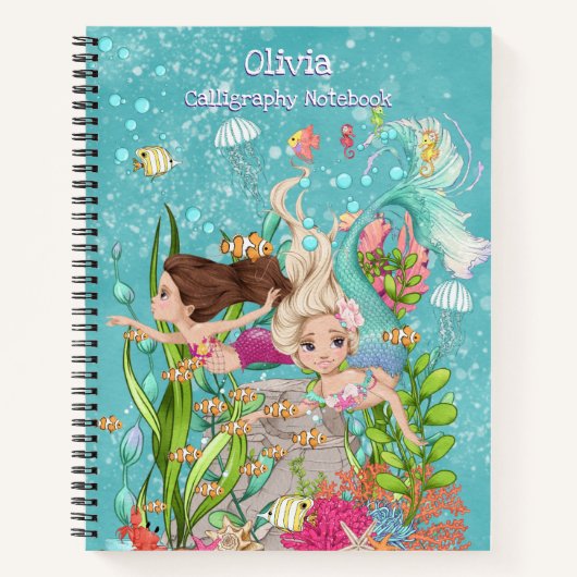 海の下の親友 イルカとマーメイドのカリグラフィー ノートブック (正面)