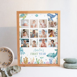 海の下の誕生日写真マイルストーンサイン ポスター