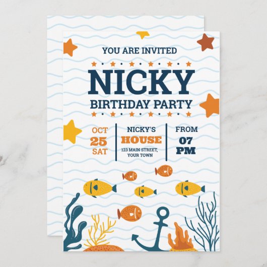 海の下の誕生日招待状,海動物パーティー 招待状 (正面/裏面)
