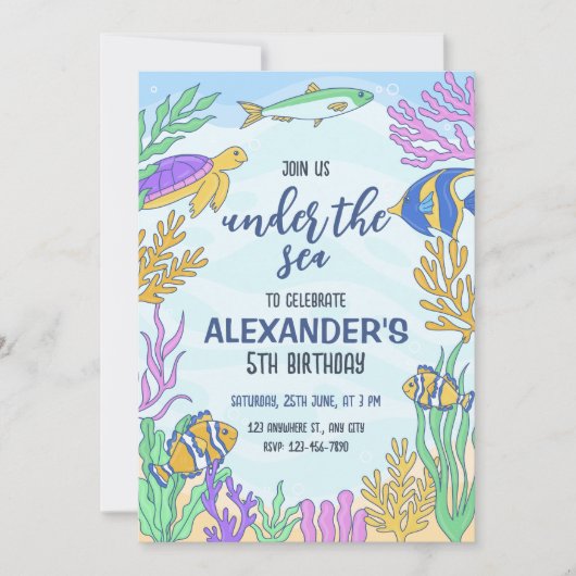 海の下の誕生日招待状,海動物 招待状 (正面)