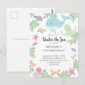 海の下の誕生日 かわいいパステルカラー クジラ 招待状 (正面/裏面)