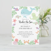 海の下の誕生日 かわいいパステルカラー クジラ 招待状 (スタンド正面)