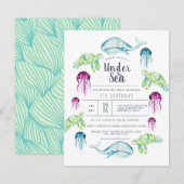 海の下の誕生日 | 海の動物 水彩画 招待状 (正面/裏面)