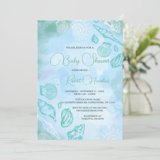 海の下の貝類の海赤ちゃんシャワー 招待状 (スタンド正面)