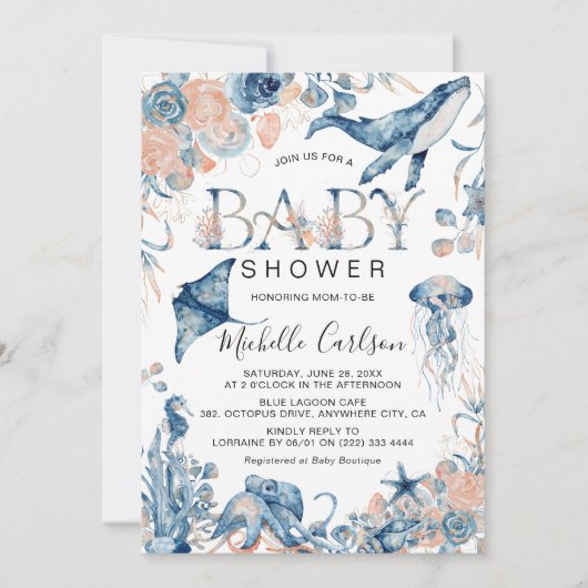 海の下の赤ちゃんシャワーで魅惑的な水色 招待状 (正面)