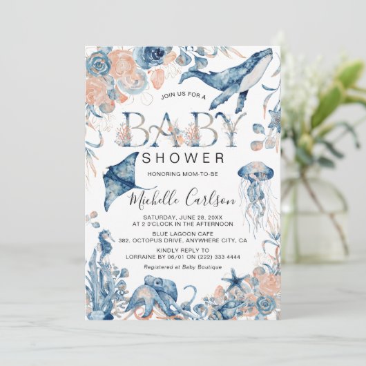 海の下の赤ちゃんシャワーで魅惑的な水色 招待状 (スタンド正面)