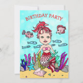 海の下の赤とピンクの人魚の誕生日パーティー 招待状 (正面)