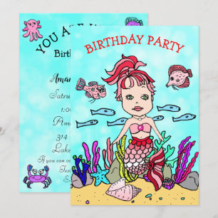海の下の赤とピンクの人魚の誕生日パーティー 招待状