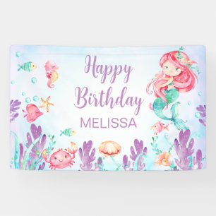 海の下の赤毛マーメイド誕生日背景 横断幕