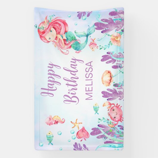 海の下の赤毛マーメイド誕生日背景 横断幕 (縦)