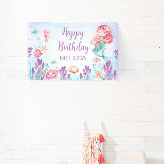 海の下の赤毛マーメイド誕生日背景 横断幕 (インサイチュ)