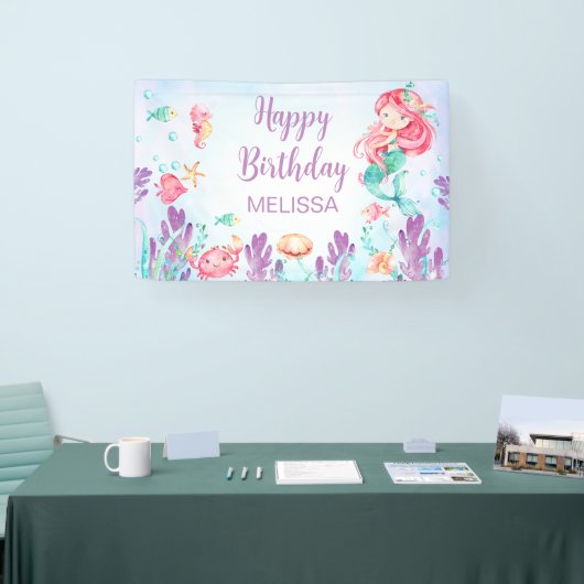 海の下の赤毛マーメイド誕生日背景 横断幕 (トレードショー)