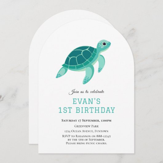 海の下の青いカメ1日の誕生日の招待 招待状 (正面/裏面)