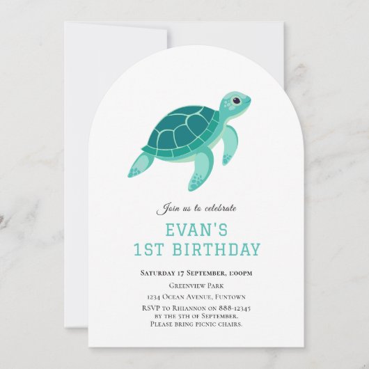 海の下の青いカメ1日の誕生日の招待 招待状 (正面)