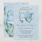 海の下の青いクジラの少年誕生日パーティー 招待状 (正面/裏面)