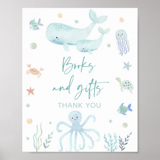 海の下の青いパステルの本とギフトサイン ポスター (正面)