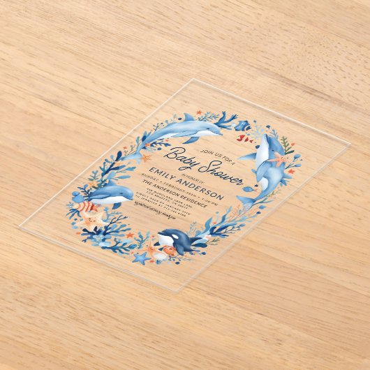 海の下の青い水色のベビーシャワー アクリル招待状 (レイダウン)