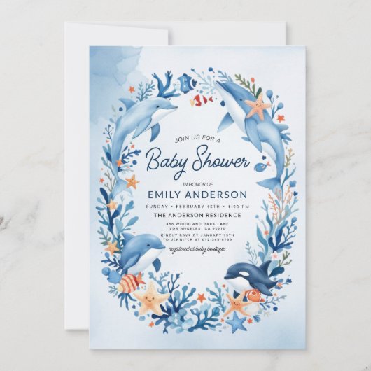 海の下の青い水色のベビーシャワー 招待状 (正面)